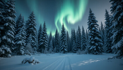 Winter wonderland scene with snow covered trees and the aurora borealis illuminating the night sky