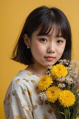 Portrait of Japanese girl plain yellow background, cute girl holding a bouquet of flowers