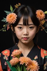 Portrait of Japanese girl plain black background, cute girl holding a bouquet of flowers