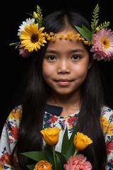 Portrait of Filipino girl plain black background, cute girl holding a bouquet of flowers