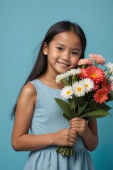 Portrait of Filipino girl plain blue background, cute girl holding a bouquet of flowers