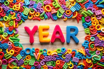 Colorful alphabet numbers surrounding word year creating vibrant educational display perfect learning aid preschoolers and engaging visual resource early childhood education themes