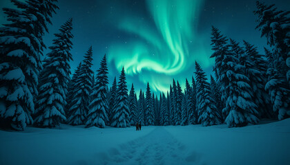Two people walking through a snowy forest under the vibrant glow of the aurora borealis at night