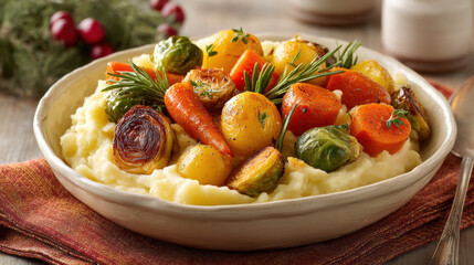 Christmas mashed potato with roasted carrot brussels sprout and golden potato garnished with rosemary for festive holiday dinner