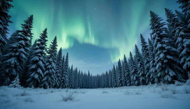 Snow covered pine trees under the aurora borealis create a magical winter wonderland scene outdoors