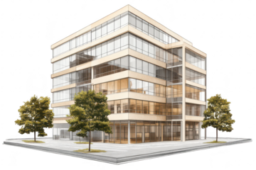 A modern. multi-story office building featuring large glass windows and a sleek design. surrounded by landscaped greenery. a urban environment