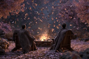 Picturesque fall: couple relaxing by a wood fire pit. Outdoor re