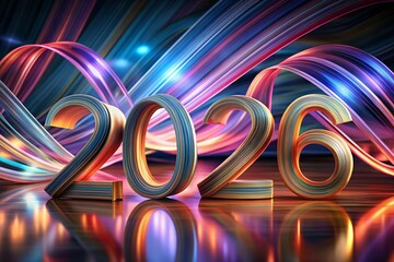 Shimmering 2026 Year Celebration Number with Abstract Light Streaks Reflections Reflecting Hope Excitement Future Representing Coming Year Holiday Decorative Background