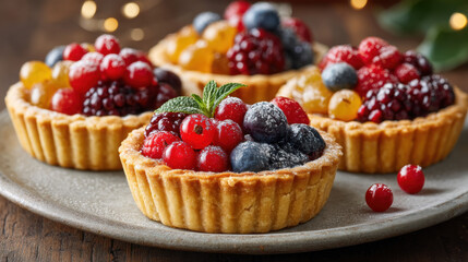 Christmas fruit tart with golden crust topped with fresh berries and mint on rustic plate festive dessert celebration