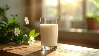 Refreshing glass of pure milk, sunlit on a wooden table with green plants and white flowers, evokes natural health and peaceful tranquility