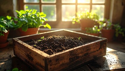 Wooden planter box filled with soil and young plants, bathed in warm sunlight filtering through a window, creating a serene gardening scene