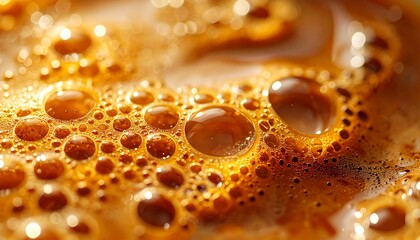Captivating close-up of a rich, warm liquid surface, showcasing intricate foamy texture and countless brown, orange bubbles with dynamic effervescence