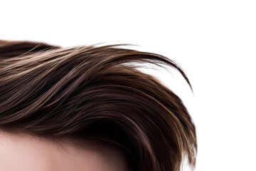 Fototapeta premium Close-up view of a persons hair sleek. shiny strands with a slight wave. set against a minimalist white background. perfect for beauty and fashion contexts