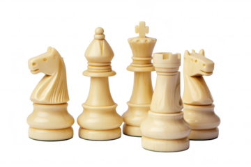 A close-up view of elegant ivory chess pieces including a knight. king. queen. and rook arranged artistically against a clean white background. their intricate designs and craftsmanship