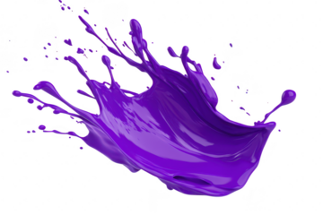 A splash of purple paint dynamically captured mid-air against a clean white background. the fluidity and energy of the color. ideal for creative projects or artistic themes