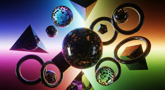 “Futuristic Floating Geometric Shapes in Vivid Gradient Light”