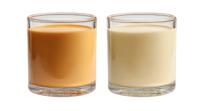Two tall glasses of different beverages isolated on transparent background
