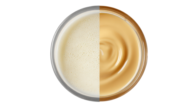 Split oval dish with two contrasting creamy sauces isolated on transparent background