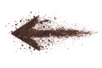 A dynamic composition of coffee grounds forming an arrow shape. symbolizing direction and movement. set against a clean white background. perfect for culinary or lifestyle uses