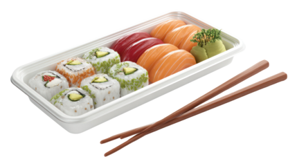 Assortment of fresh sushi rolls in a white container with chopsticks isolated on transparent background