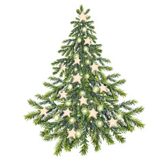 Watercolor Christmas tree with gold garland and star isolated on white background. Forest evergreen fir or pine for sticker or card. Hand-drawn clipart for New Year celebration wrapping or wallpaper