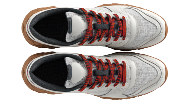 Pair of white athletic shoes with red laces isolated on transparent background