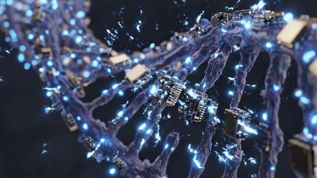 Futuristic concept of genetic engineering and nanotechnology, micro nano chips attached to a DNA double helix strand using glowing electrochemical impulses to modify specific DNA