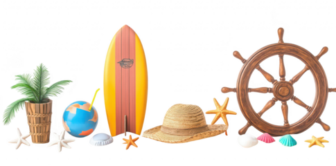 A beach-themed arrangement featuring a colorful surfboard. decorative elements like a palm plant. globe. straw hat. seashells. and a ships wheel. evoking a sunny coastal vibe