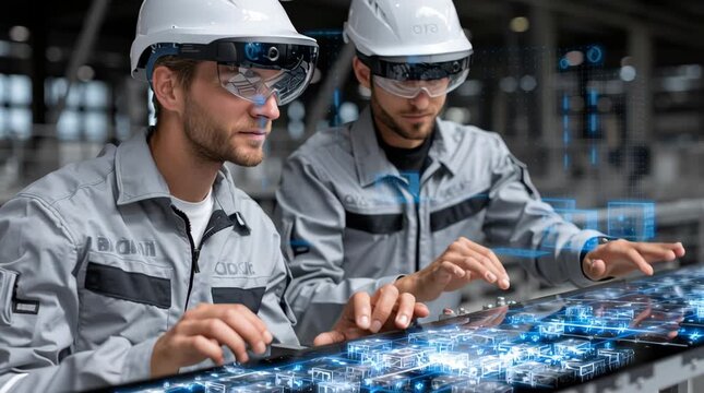 Two men wearing safety goggles and hard hats are looking at a computer screen. They are likely working on a project that requires them to use the computer to analyze data or make calculations