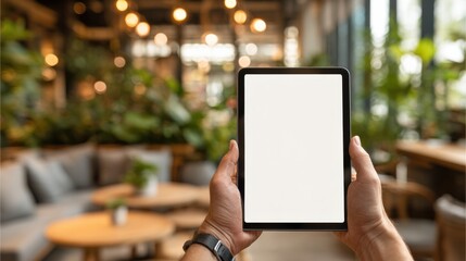 Person Holding Blank Tablet in Modern Cozy Cafe Setting