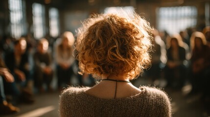 Curly Haired Woman in a Crowded Gathering Space