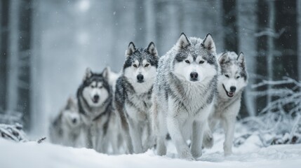 Naklejka premium Pack of Wolves Walking Through Snowy Forest Landscape