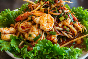 Thai Spicy Shrimp Salad with Fresh Herbs and Lettuce, Authentic Som Tum Goong Style