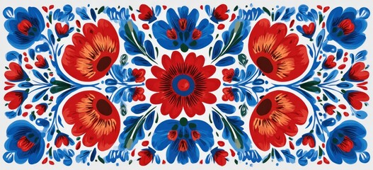 A vibrant, symmetrical floral design with red, blue, and green on a white background