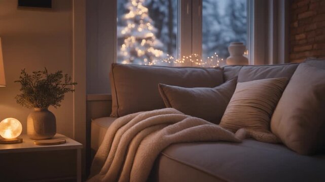 Cozy Winter Evening: Lamp, Moon Light, Couch, and Snowy Window View