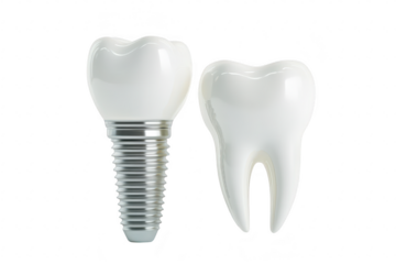 A close-up view of a dental implant alongside a natural tooth. the contrast between artificial and organic dental solutions. set against a clean. minimalist background ideal for dental health educatio