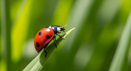 Closeup of a red ladybug on green grass with soft blurred background highlighting vibrant nature and delicate insect details
