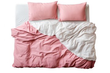 A neatly arranged pink and white bedding set featuring a soft. crumpled duvet and matching pillows. placed on a clean white bed. creating a cozy atmosphere perfect for home decor inspiration