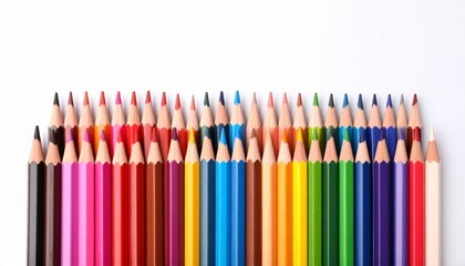 Vibrant row of sharpened colored pencils on a clean white background, top-down view.