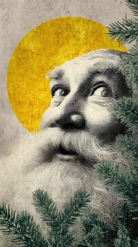 Engraving illustration of santa claus face with beard. Christmas holiday concept with a subtle changing expression. Vertical video