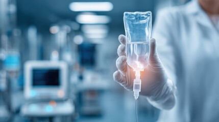 Medical Professional Holding IV Bag in Hospital Setting