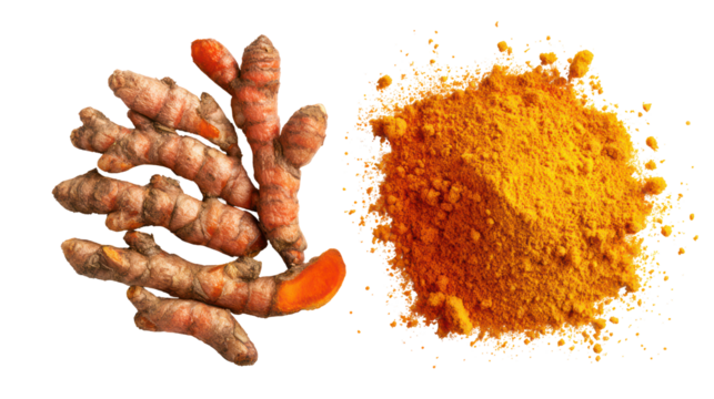 Fresh turmeric roots and powder isolated on transparent background