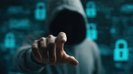 Mysterious Figure in Hoodie Pointing at Viewer with Digital Background