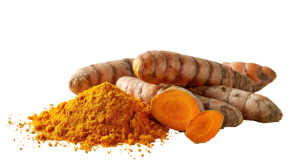 Fresh turmeric roots and powder isolated on transparent background
