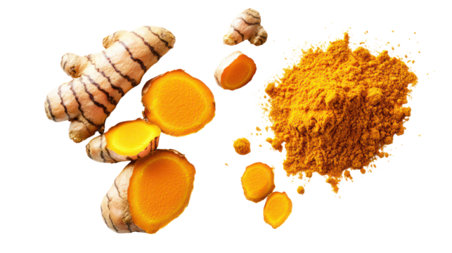 Fresh turmeric root and powder isolated on transparent background