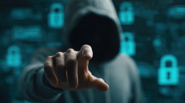 Mysterious Figure in Hoodie Pointing at Viewer with Digital Background