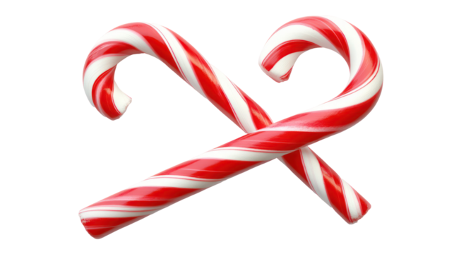 Two red and white striped candy canes crossed isolated on transparent background - Powered by Adobe