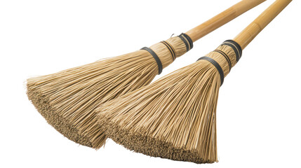 Two rustic brooms with wooden handles isolated on transparent background
