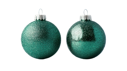 Two textured teal christmas ornaments isolated on transparent background