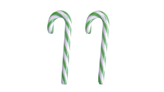 Two green and white striped candy canes isolated on transparent background